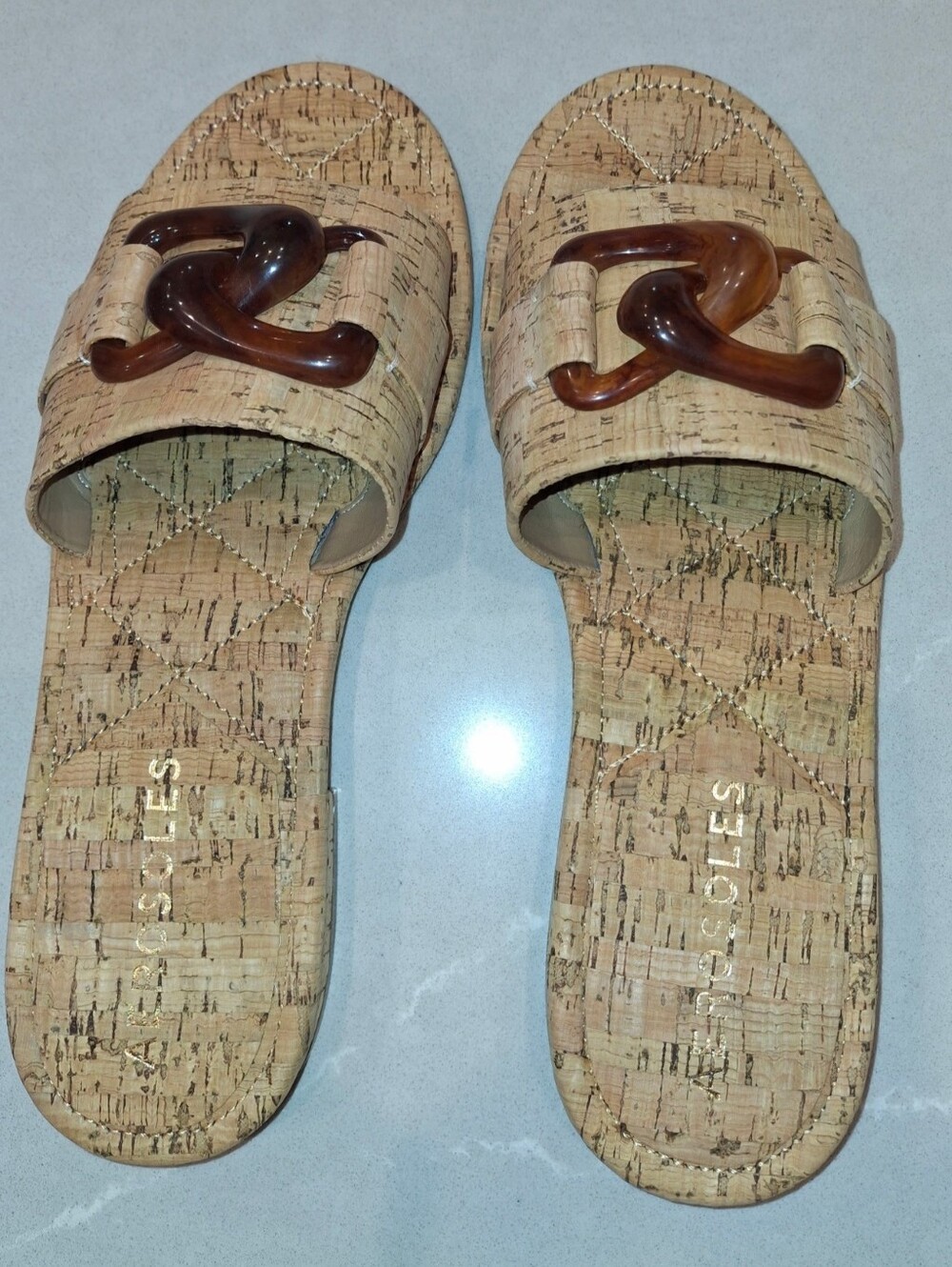 Aerosoles Natural Cork Slide Sandals with Tortoiseshell Link - Size 8.5 - New